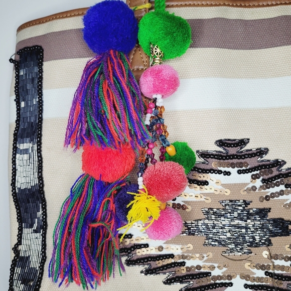 Sam Edelman Tote Bag Thea Sequin Beaded Fabric Large Boho Beach Bohemian Peasant - Picture 9 of 15